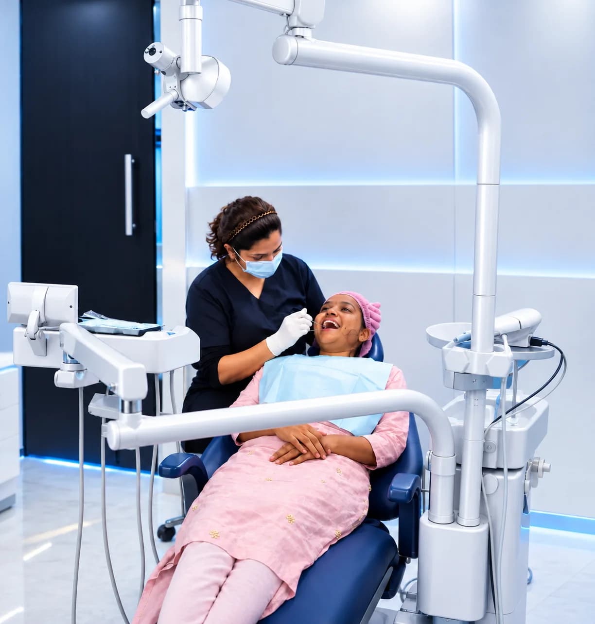Dentist treating a smiling patient in a modern dental chair